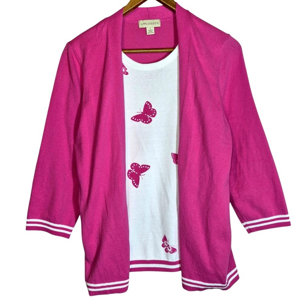 Vintage Appleseed's Hot Pink/ White Open Front 1pc Cardigan Sweater Set Small